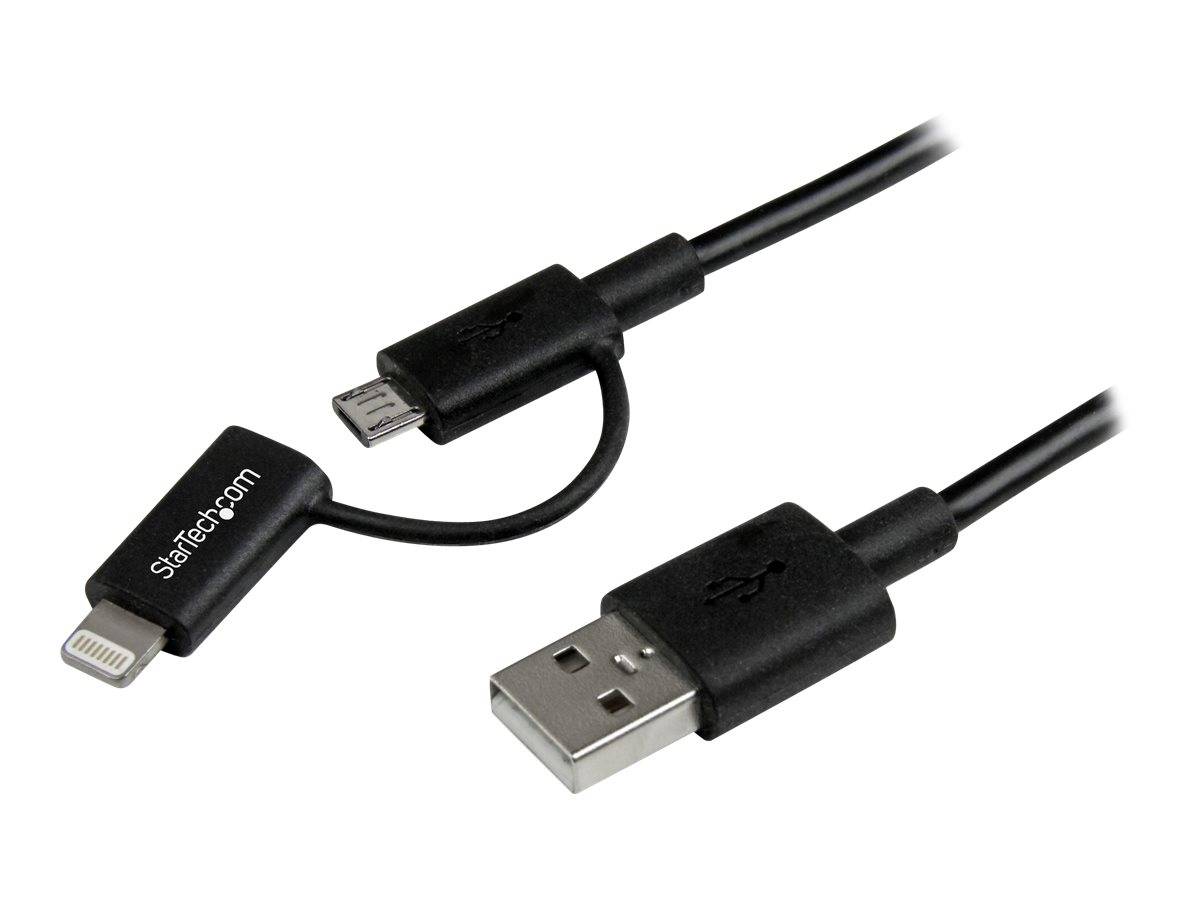 Schwarzes USB-Ladekabel/Datenkabel mit USB-A-Anschluss an einem Ende und zwei Lightning-Anschlüssen am anderen Ende, ein kurzer Pigtail-Zweig mit StarTech.com-Beschriftung.