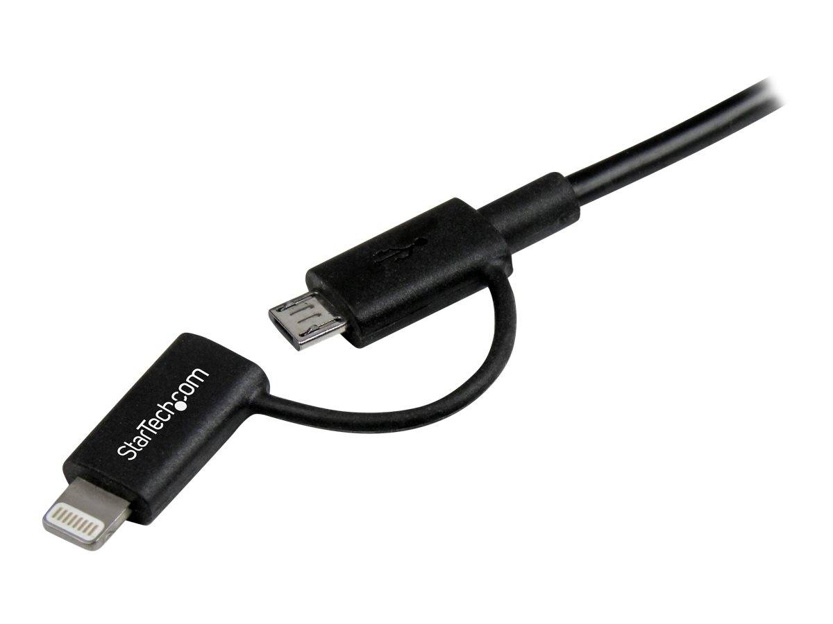 StarTech.com Kabel in Schwarz mit Lightning- und Micro-USB-Anschlüssen auf einem kurzen Adapterkabel.