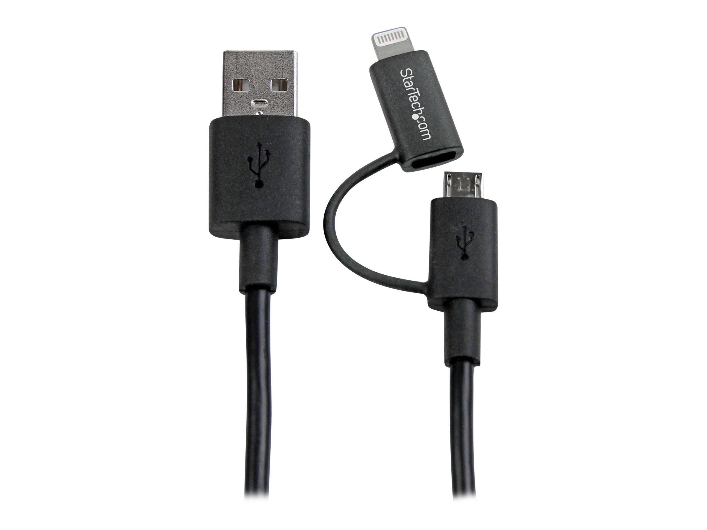 USB-Ladekabel mit einem USB-A-Anschluss an einem Ende und einem Micro-USB-Anschluss mit einem kurzen Lightning-Adapter am anderen Ende.