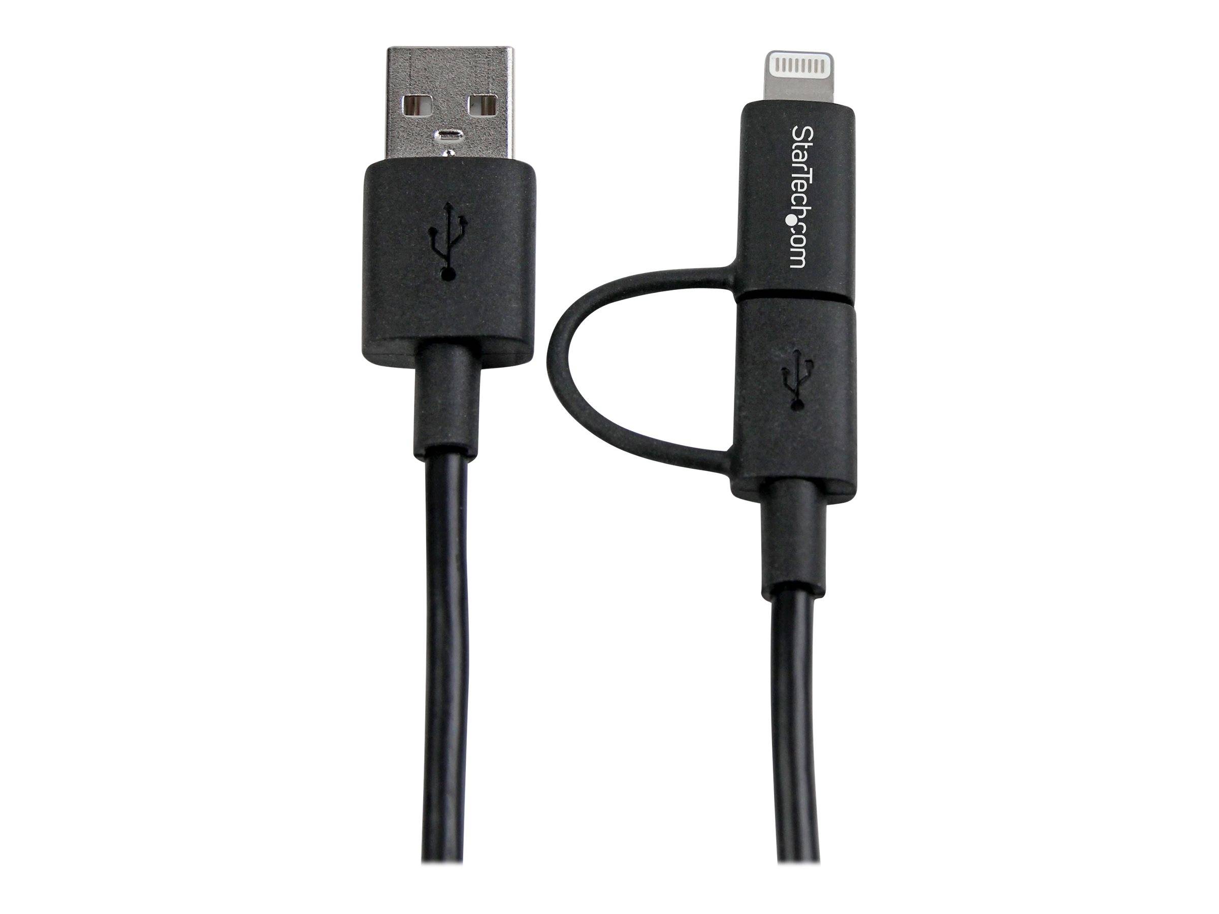 Schwarzes USB-Kabel mit USB-A-Anschluss auf der einen Seite und Lightning-Anschluss auf der anderen Seite, Marke StarTech.com.