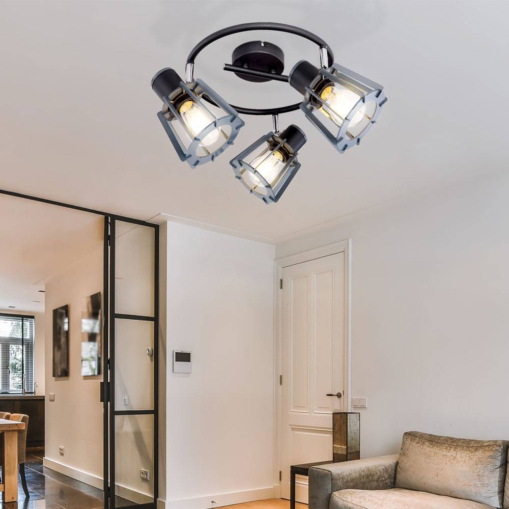 Deckenleuchte 3-flammig Deckenrondell Holz Wohnzimmer Design Deckenlampe mit beweglichen Spots, Lamellen graphit, 3x E27, DxH 28x18 cm