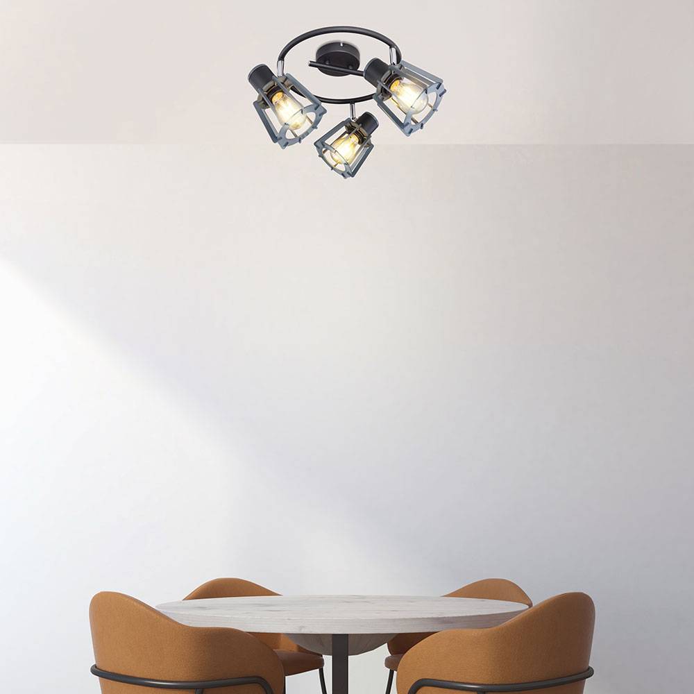 Deckenleuchte 3-flammig Deckenrondell Holz Wohnzimmer Design Deckenlampe mit beweglichen Spots, Lamellen graphit, 3x E27, DxH 28x18 cm