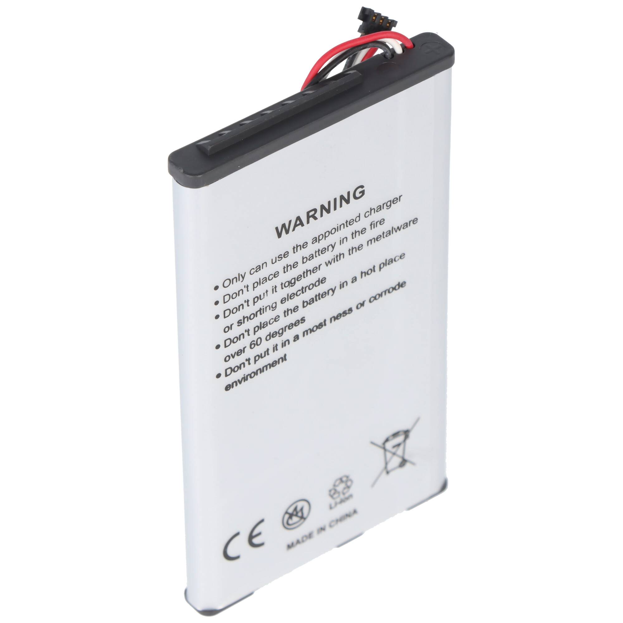 Ein rechteckiger Lithium-Akku mit einem Warnschild, das die ordnungsgemäße Verwendung des Ladegeräts anweist und vor unsachgemäßer Entsorgung oder Beschädigungen warnt.