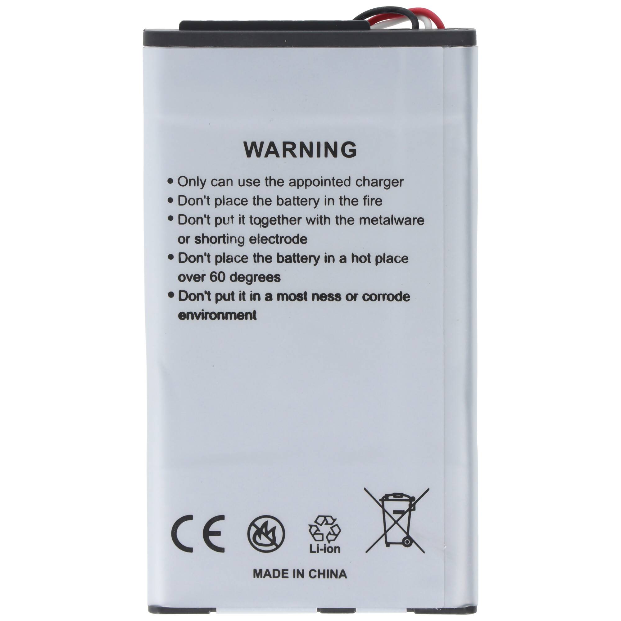 Batterieetikett mit Warnhinweisen: „Verwenden Sie das zugelassene Ladegerät