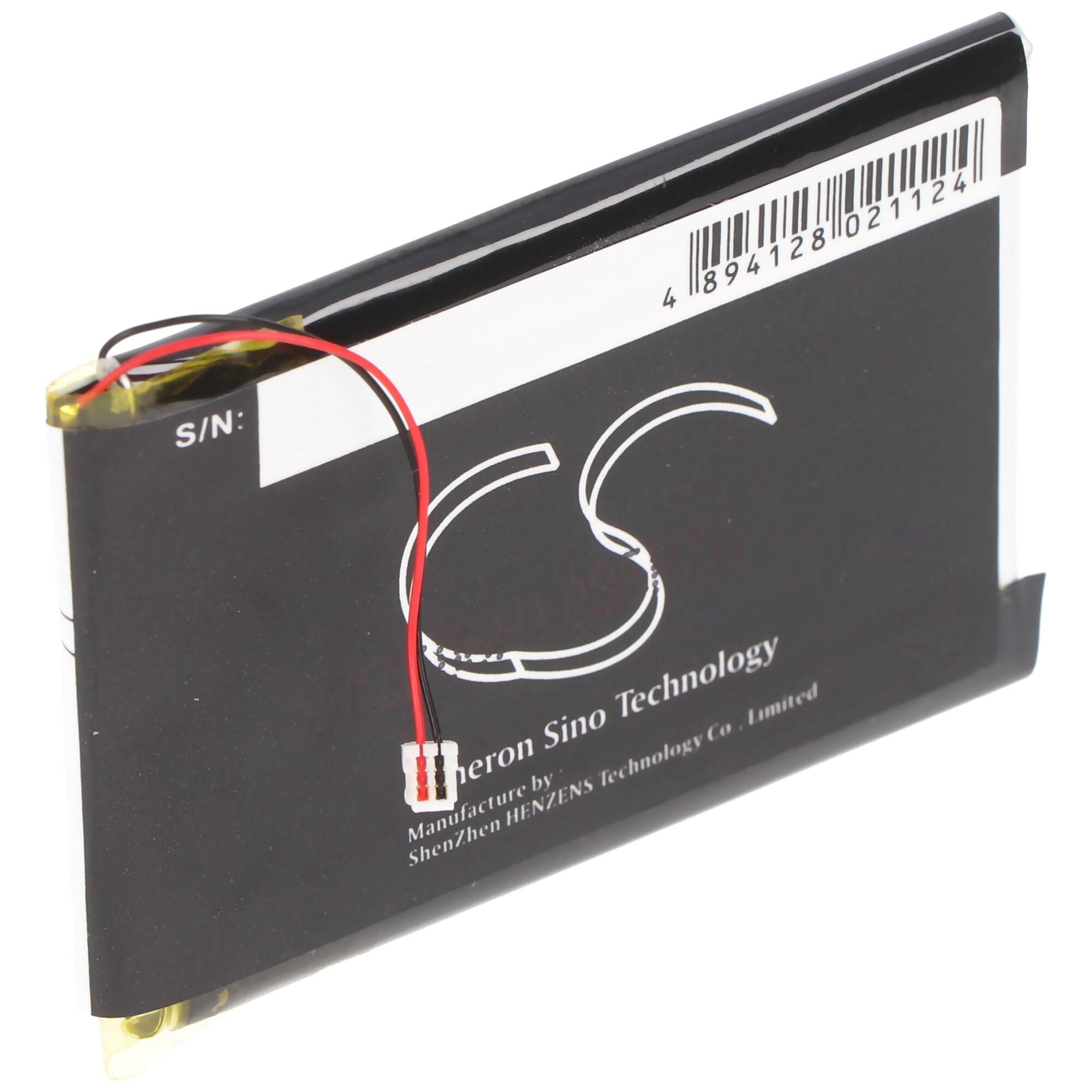 Schwarzes wiederaufladbares Akkupack mit roten und schwarzen Kabeln, gekennzeichnet mit 'S/N' und 'Sino Technology'.