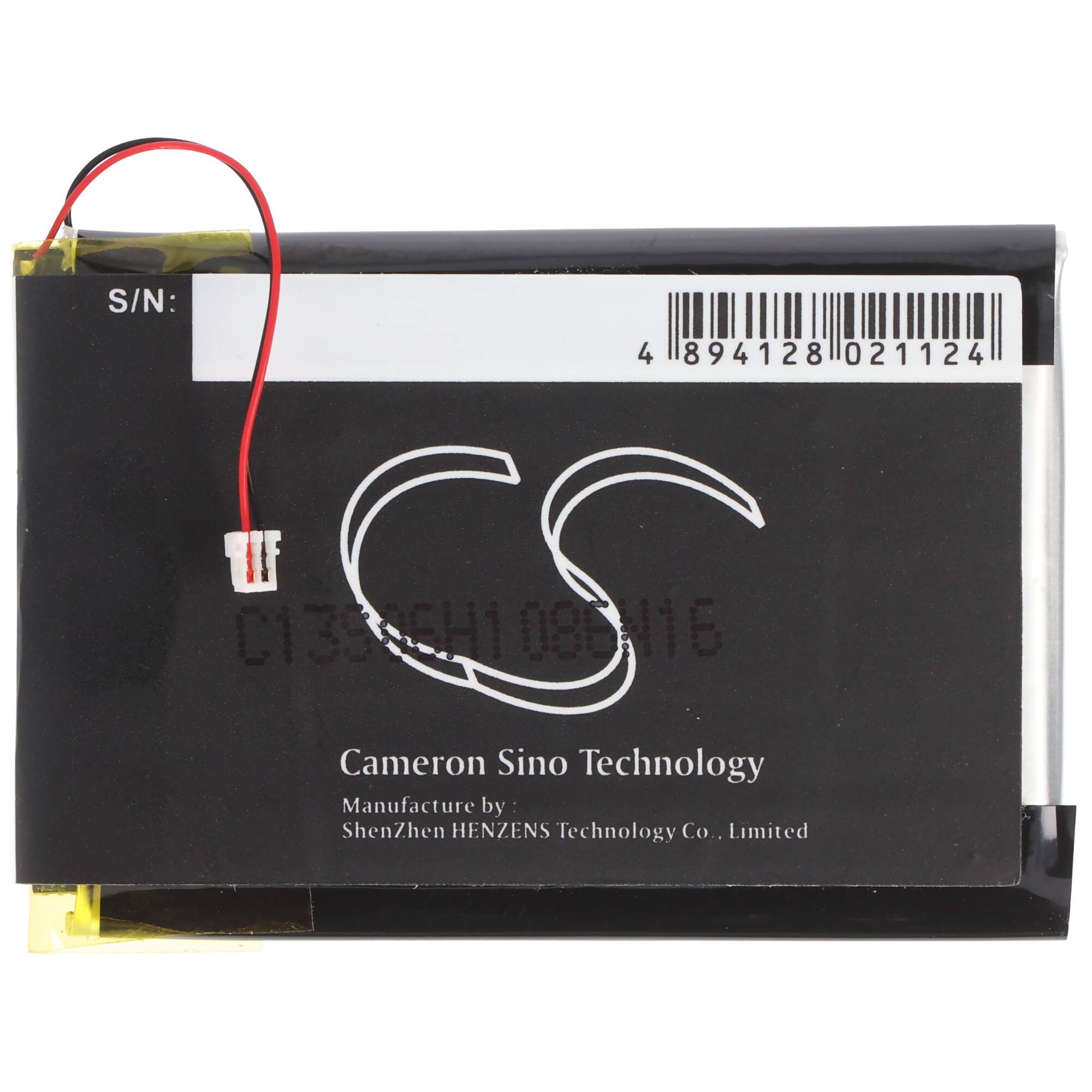 Ein schwarzes wiederaufladbares Batteriepack mit roten und schwarzen Drähten und einem Barcode-Etikett, Marke Cameron Sino Technology.