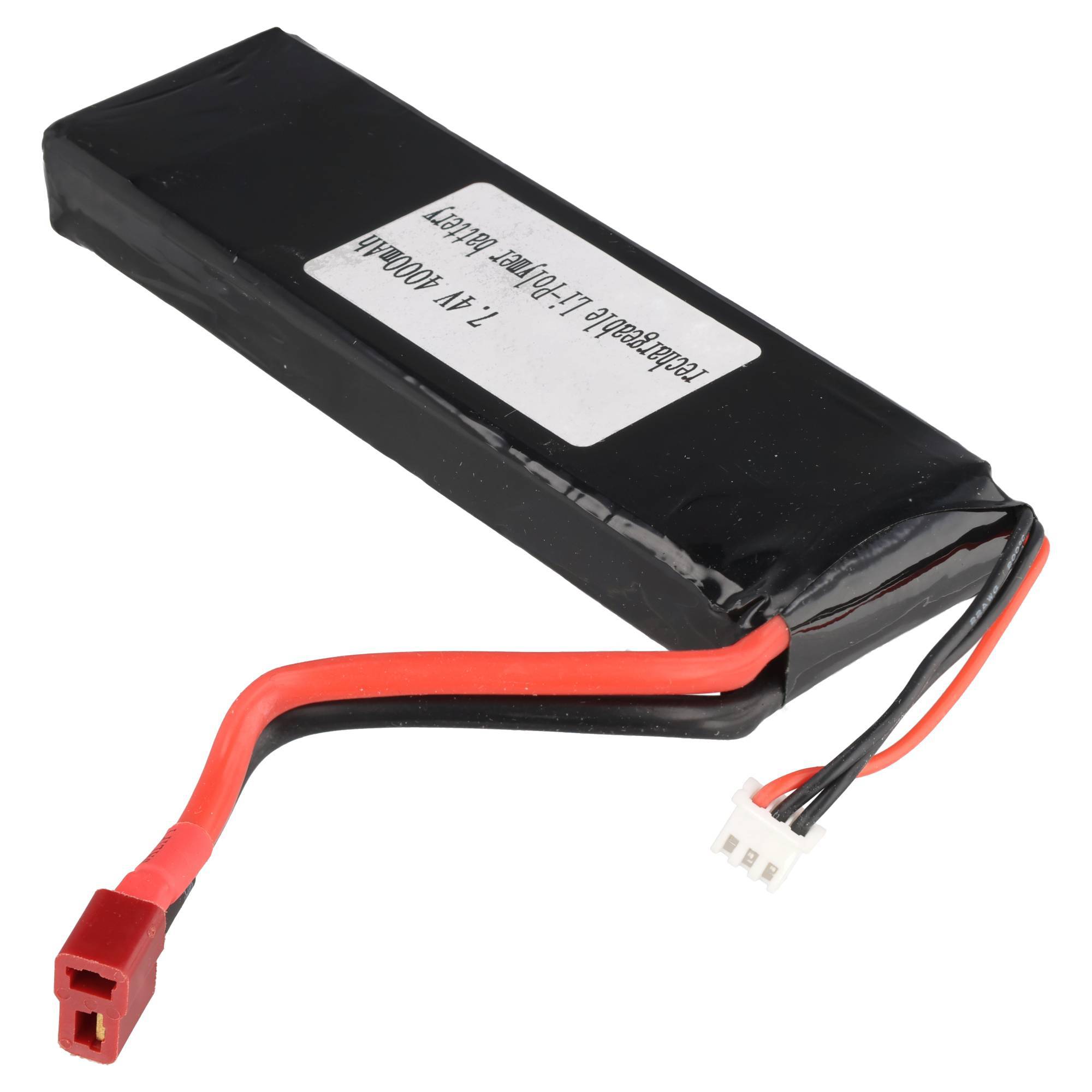 Schwarzer wiederaufladbarer Batteriepack mit roten und schwarzen Drähten und Steckverbinder auf weißem Hintergrund.
