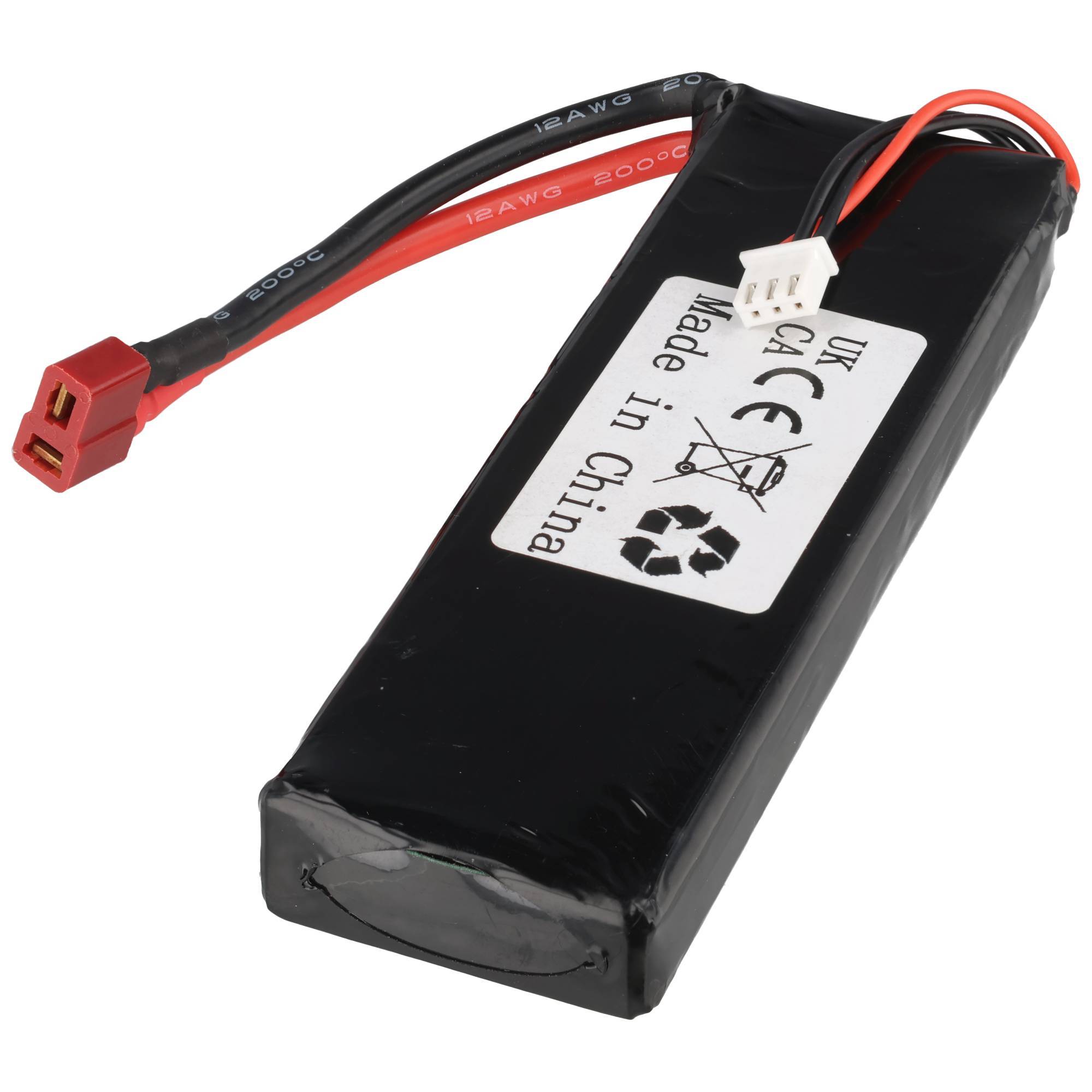 Schwarzes wiederaufladbares Batteriepaket mit roten und schwarzen Drähten und einem roten Anschluss, gekennzeichnet mit „Made in China