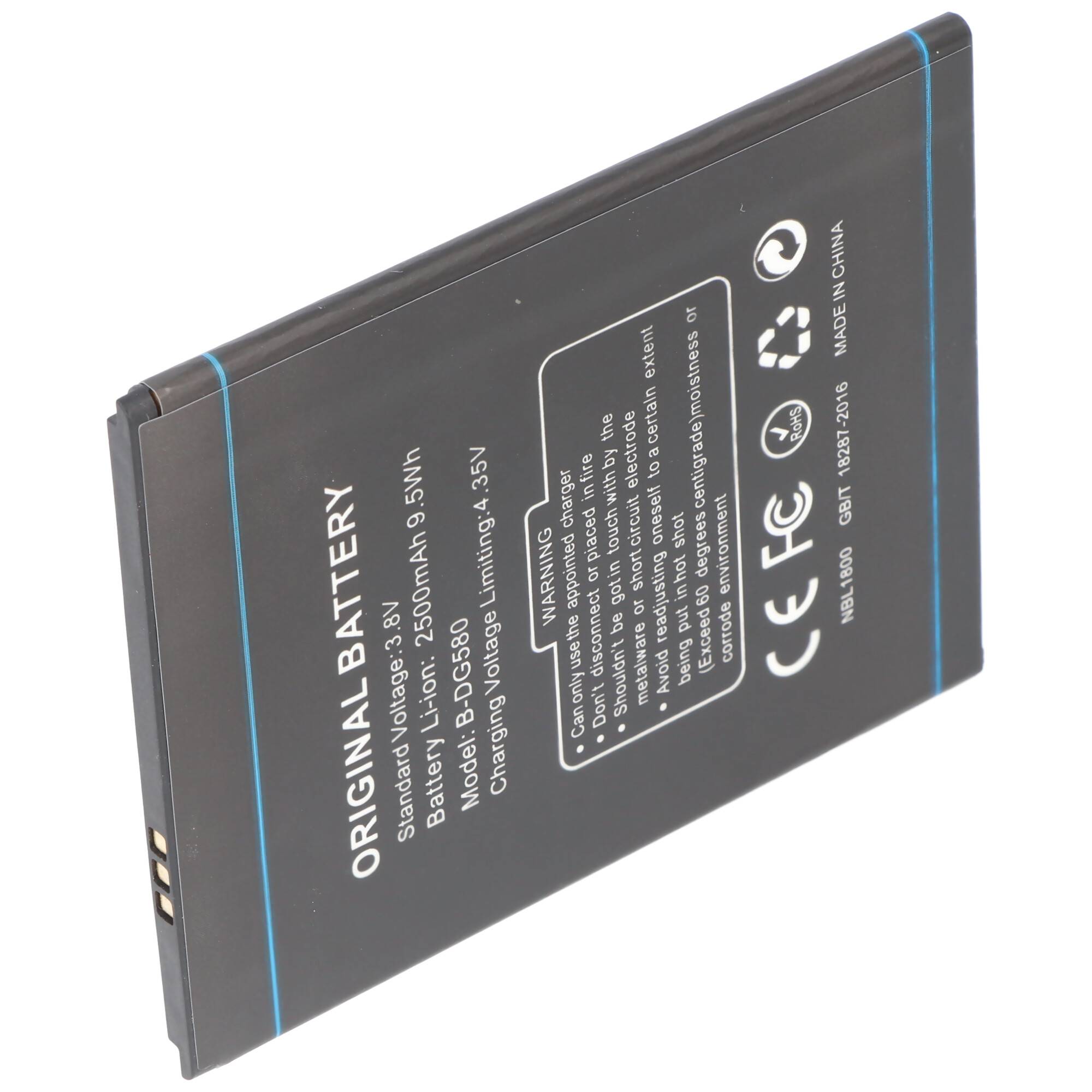 Akku für Doogee DG-580, Doogee KISSME, DG580 Doogee H0920DG5800255, H1220DG5800255, 3.8V, 2500mAh, 79,5 x 63 x 3,4 mm