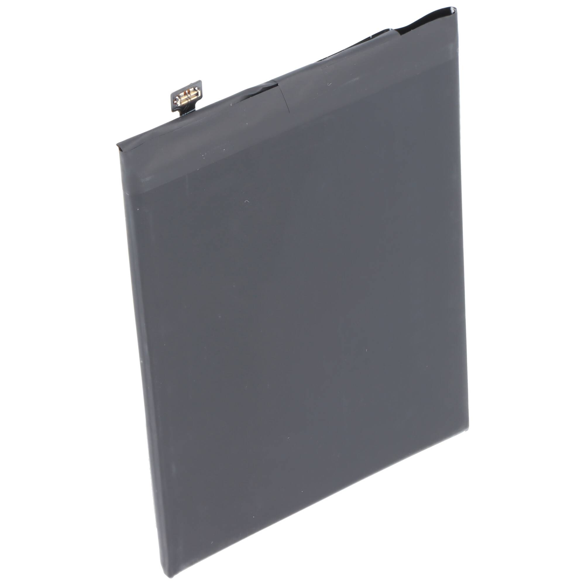 Schwarze rechteckige Lithium-Ionen-Batterie mit einem kleinen Anschlussleiste, gezeigt auf einem einfachen weißen Hintergrund.