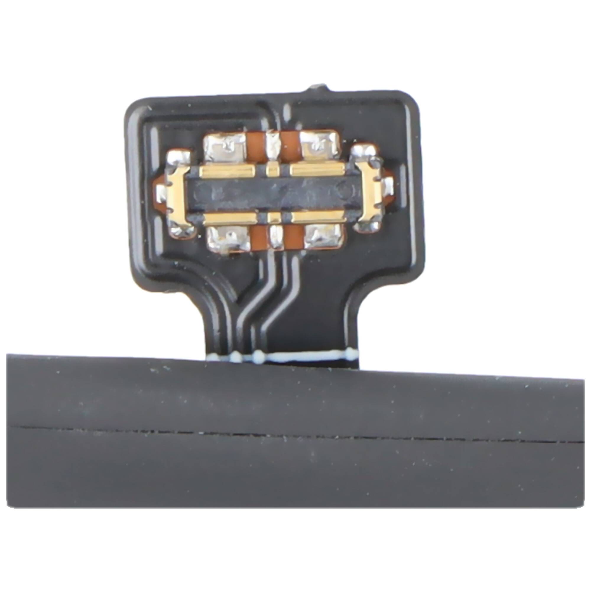 Nahaufnahme eines kleinen elektronischen Sensors oder Schaltungskomponente, die auf einem schwarzen Streifen montiert ist, mit freiliegenden Metallkontakten und feinen Verbindungsleitern.