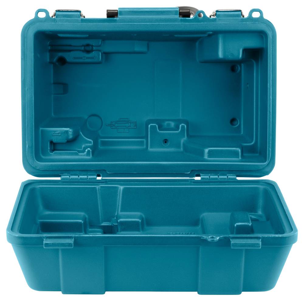 Offene leere blaue Kunststoff-Aufbewahrungsbox oder Werkzeugkasten mit Scharnierbügel auf weißem Hintergrund.