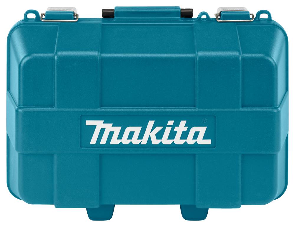 Blauer Hartkunststoff-Transportkoffer von Makita mit Griff und Metallverschlüssen, geschlossen auf weißem Hintergrund dargestellt.