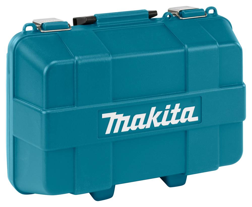Blaue Makita-Kunststoff-Werkzeugkiste aus hartem Kunststoff mit Griff und Verschluss, geschlossen auf weißem Hintergrund gezeigt.