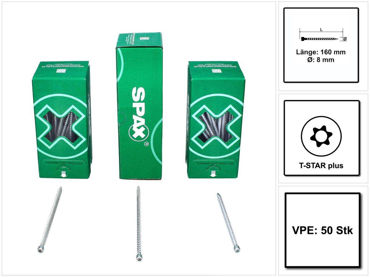 SPAX IN.FORCE Schraube 8,0 x 160 mm 50 Stk. Torx T-STAR Plus T40 ( 1221010801605 ) Vollgewinde Zylinderkopf WIROX CUT Bohrspitze