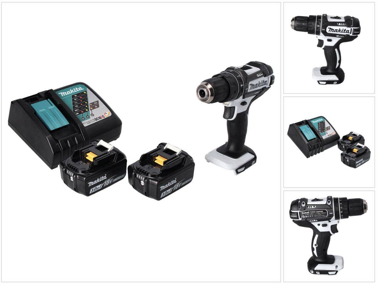 Makita DHP 482 RF W Akku Schlagbohrschrauber 18 V 62 Nm + 2x Akku 3,0 Ah + Ladegerät