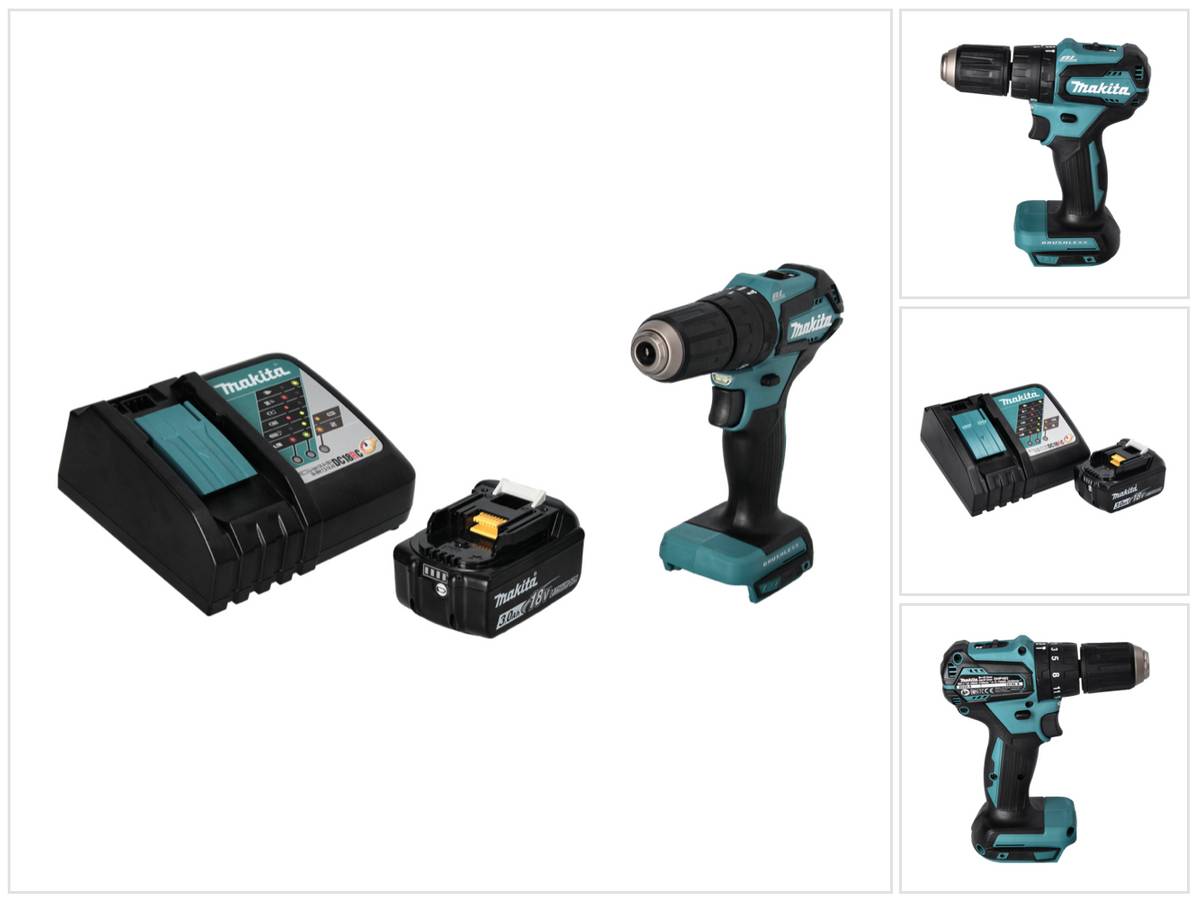 Makita DHP 483 RF1 Akku Schlagbohrschrauber 18 V 40 Nm Brushless + 1x Akku 3,0 Ah + Ladegerät