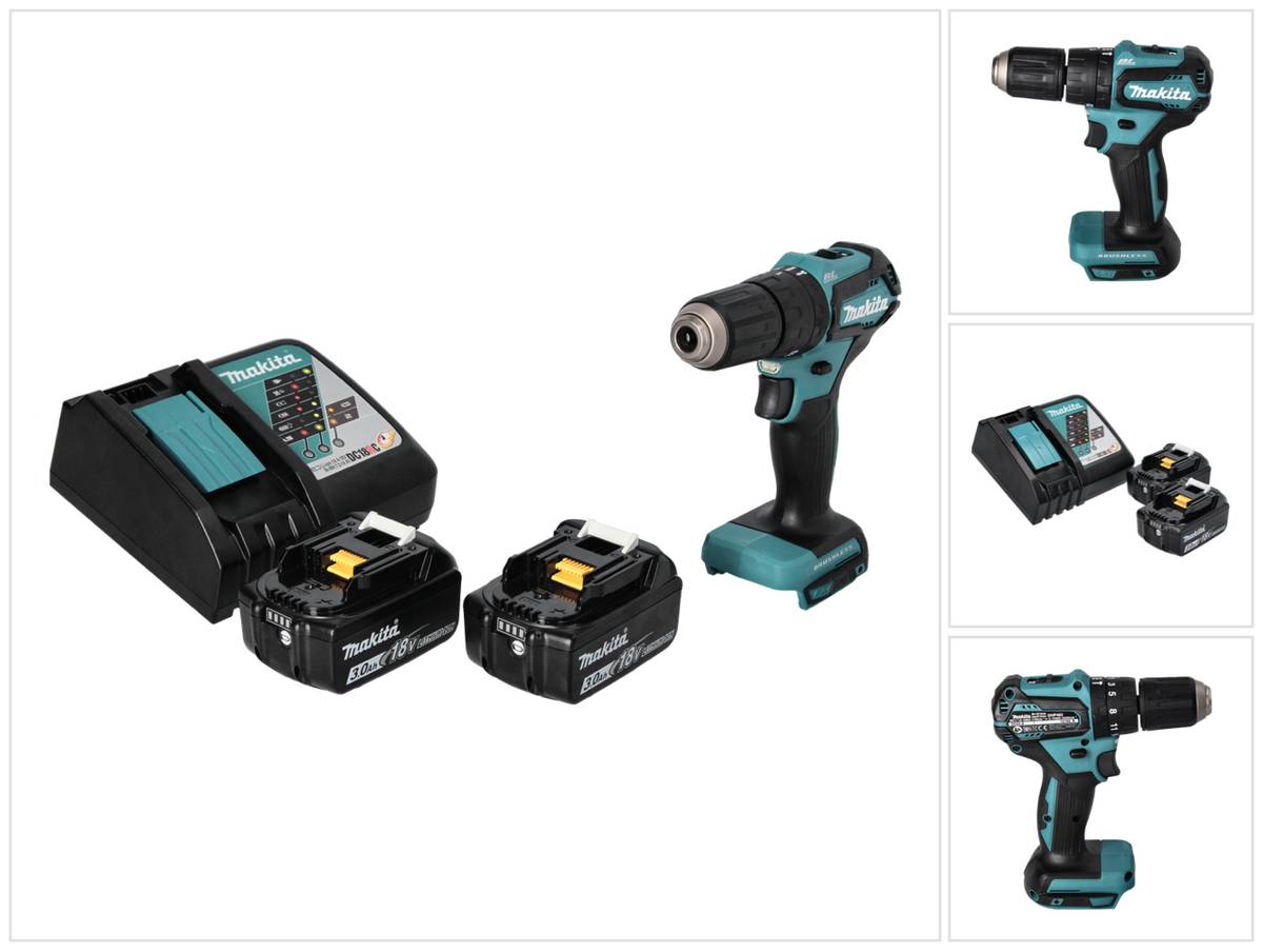 Makita DHP 483 RF Akku Schlagbohrschrauber 18 V 40 Nm Brushless + 2x Akku 3,0 Ah + Ladegerät