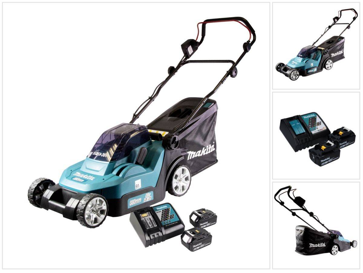 Makita DLM 432 RG2 Akku Rasenmäher 36 V ( 2x 18 V ) 43 cm Brushless + 2x Akku 6,0 Ah + Ladegerät