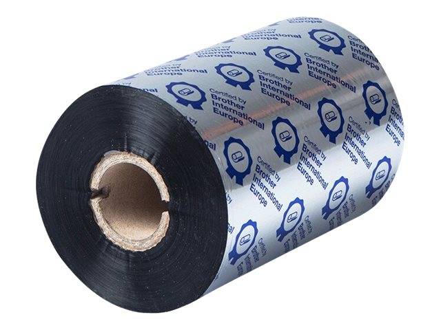 Eine große Rolle schwarzes Wärmeübertragungs-Farbband mit bedruckter Verpackung, gezeigt auf weißem Hintergrund.