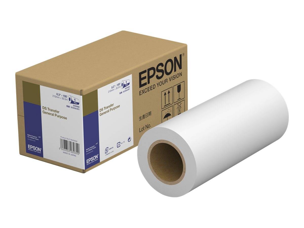 Epsonthermische Papierrolle neben einem Karton Epson DS Transferpapier für Universalanwendungen