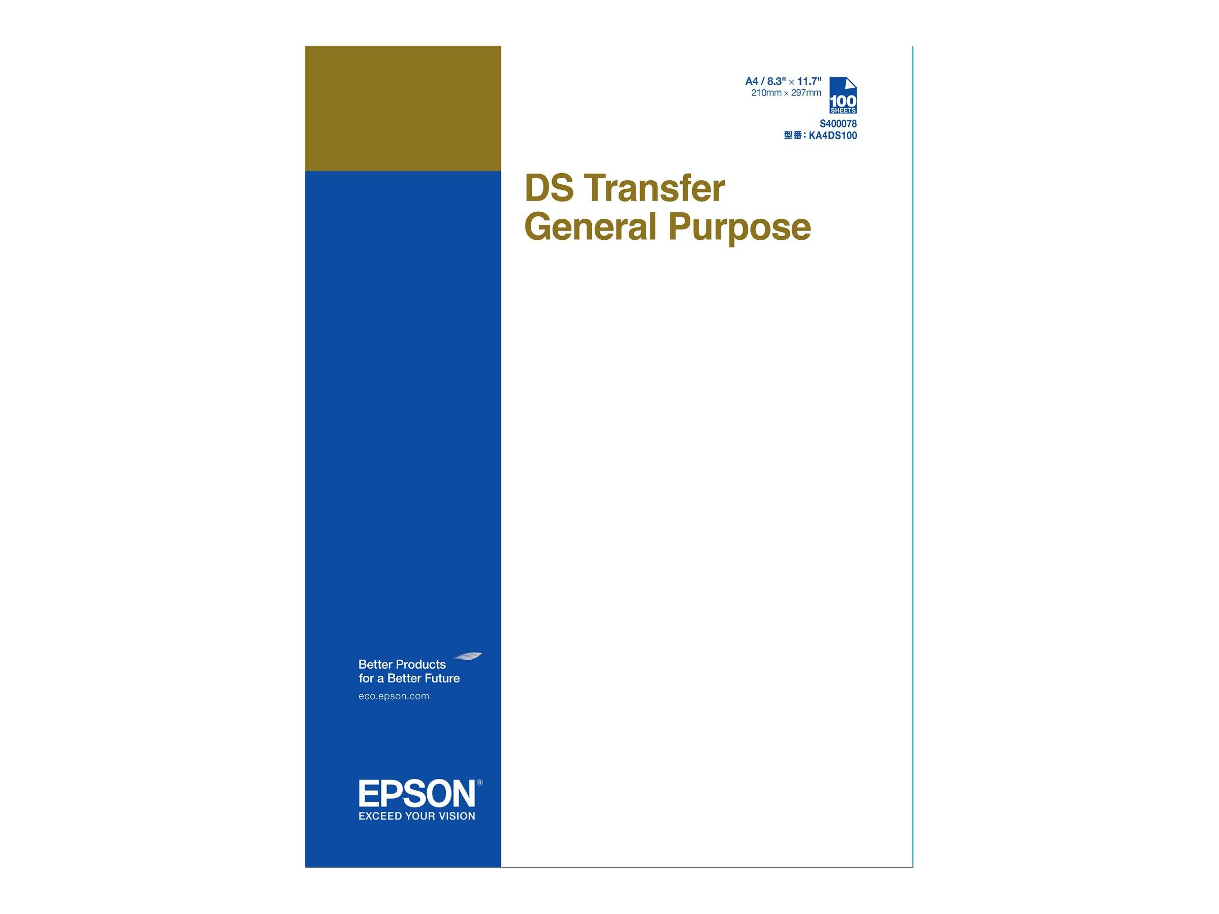 Epson DS Transfer Universalpapier-Verpackung mit einem blauen vertikalen Streifen und goldenem Deckel, das das Epson-Logo und den Produktnamen zeigt.