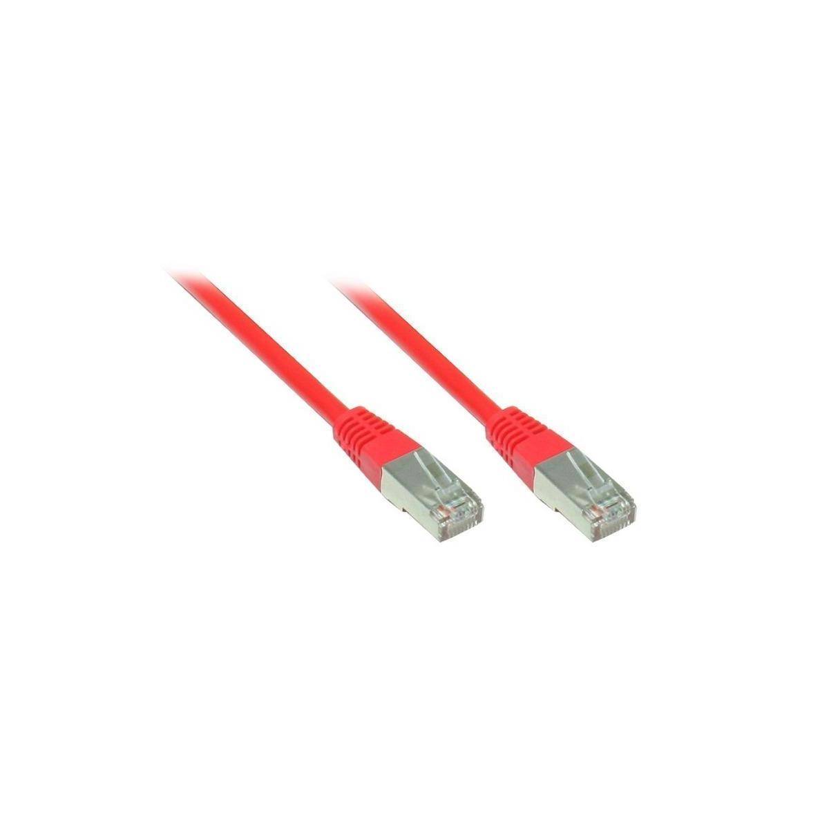 Rotes Ethernet-Kabel mit zwei RJ45-Steckern an beiden Enden, verwendet für Netzwerkverbindungen.