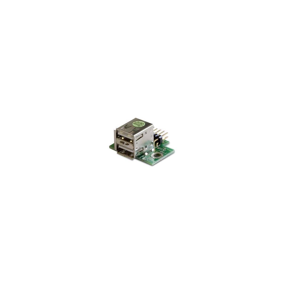 Eine kleine Leiterplatte mit einem Metall-USB-Anschluss und verschiedenen elektronischen Komponenten, möglicherweise Teil eines Raspberry Pi-Geräts.