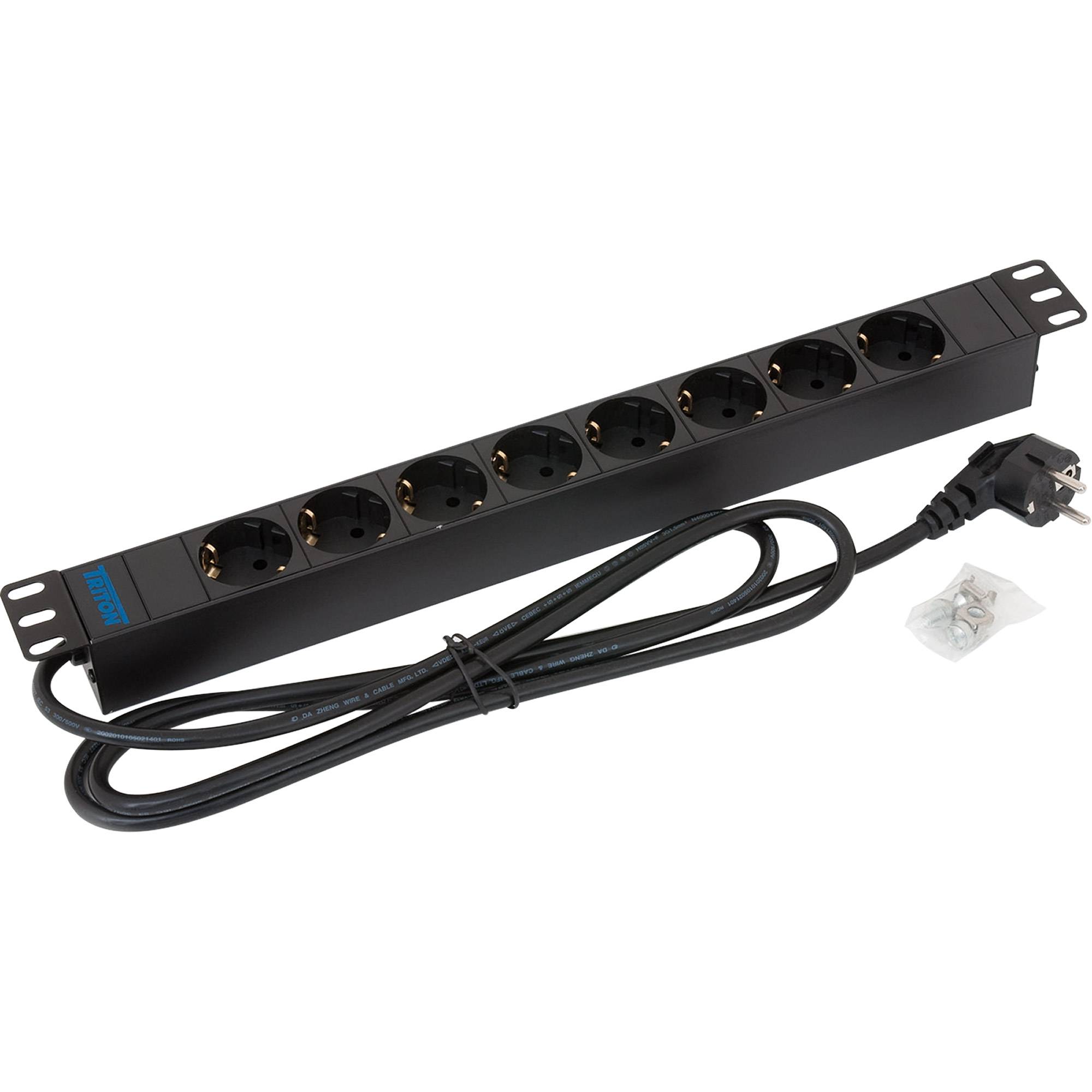 Schwarze Rack-Montageleiste mit acht Steckdosen, angebrachtem Stromkabel und Stecker sowie Montagematerial.