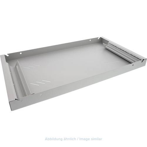 Graues Metall-Flachtablett oder Schubladeneinsatz mit erhöhten Seitenwänden und geschlitzten Enden, dargestellt auf weißem Hintergrund.