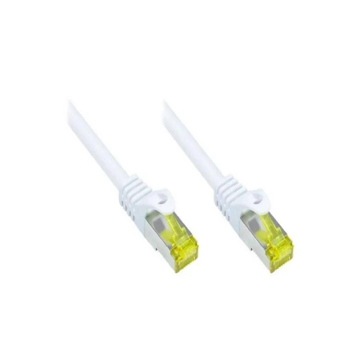 Zwei weiße Ethernet-Kabel mit gelben Steckern vor einem einfarbigen Hintergrund.