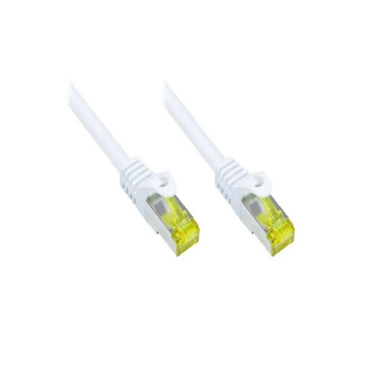 Zwei weiße Ethernet-Kabel mit Metallsteckern und gelben Spitzen, die vor einem weißen Hintergrund gezeigt werden.