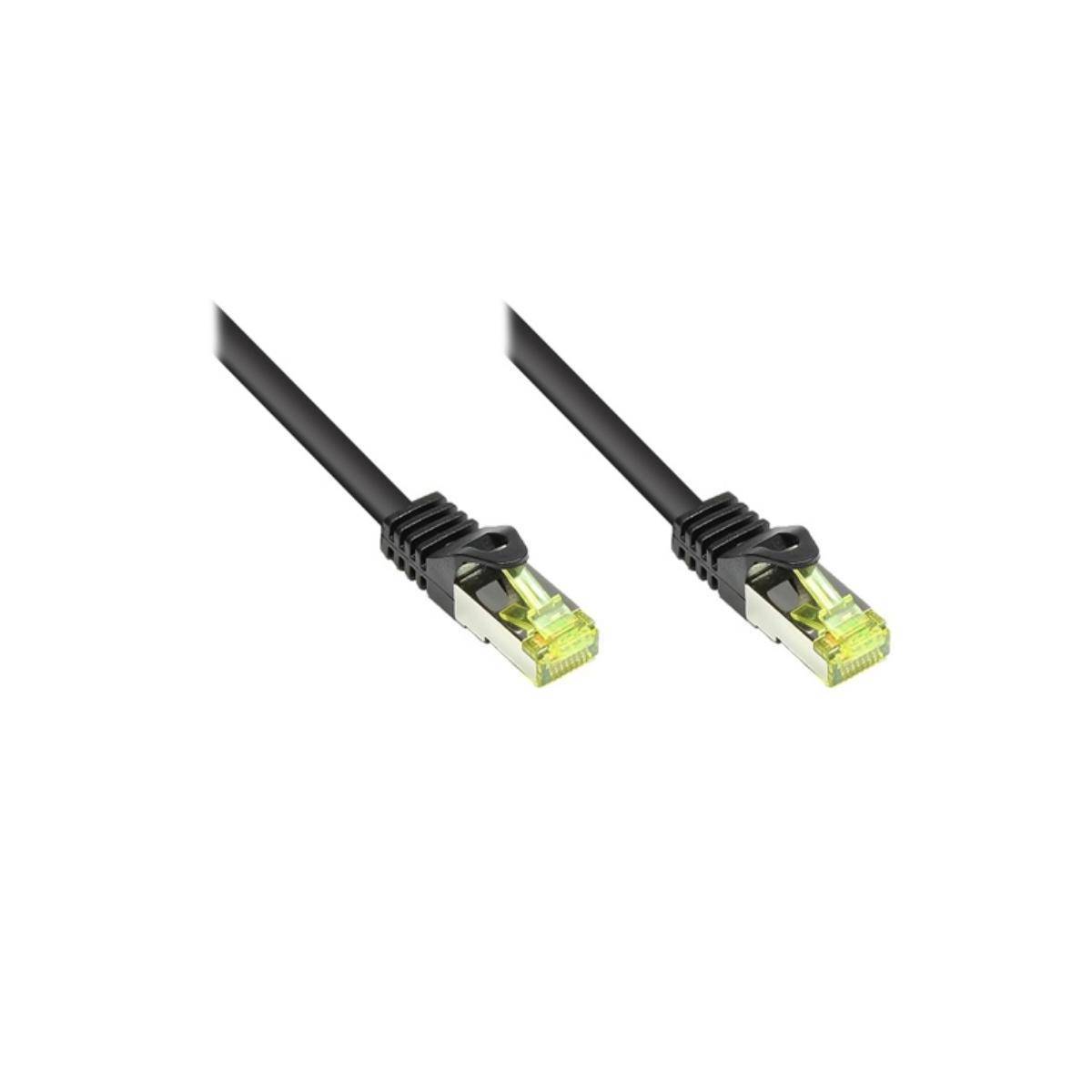 Schwarzes Ethernet-Kabel mit gelben Steckern an beiden Enden.
