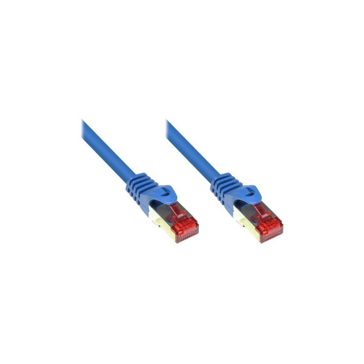 Blaues Ethernet-Kabel mit roten Steckern an beiden Enden, verwendet für Netzwerkverbindungen.