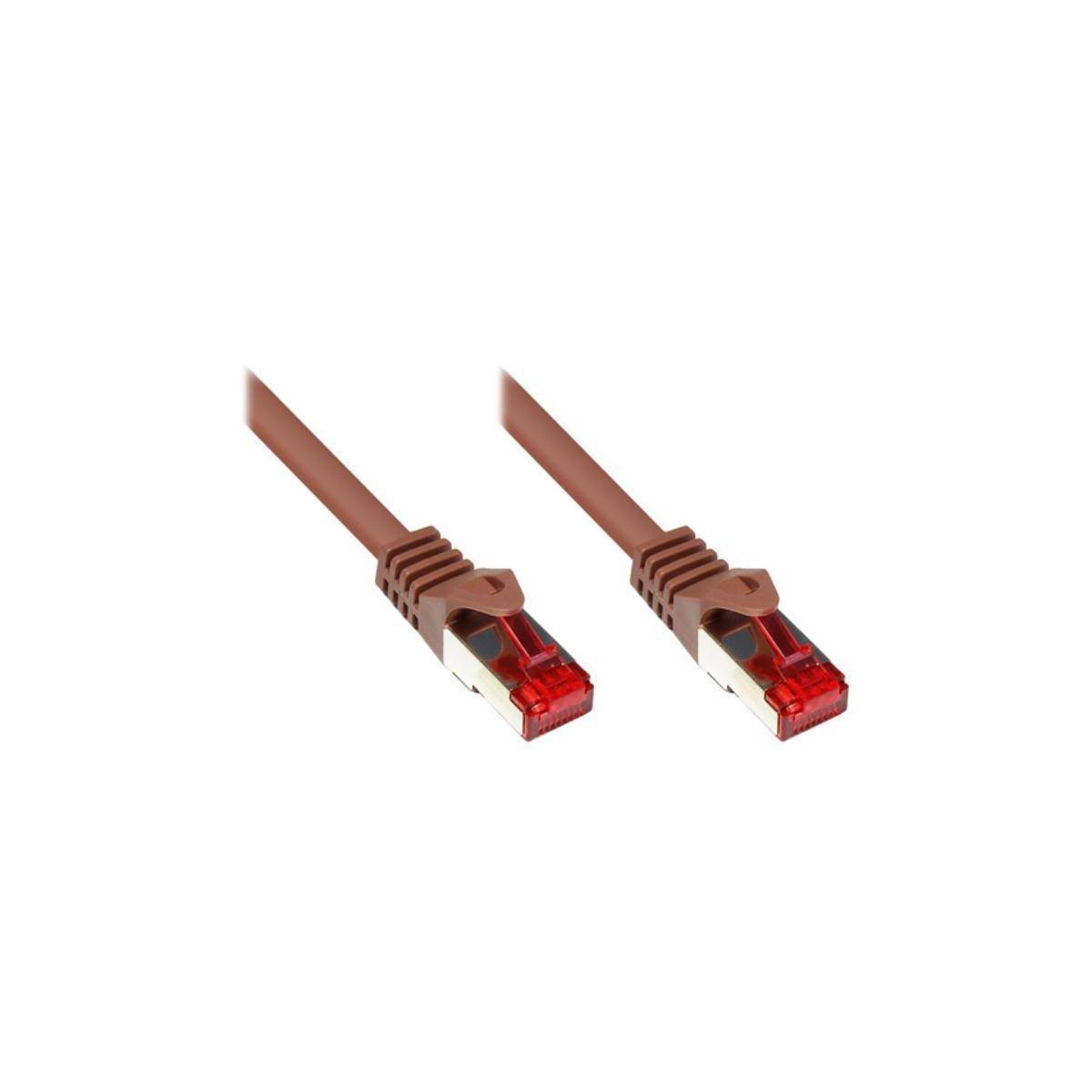 Zwei braune Ethernet-Kabel mit rotspitzigen Anschlüssen, die sich auf einem weißen Hintergrund gegenüberliegen.