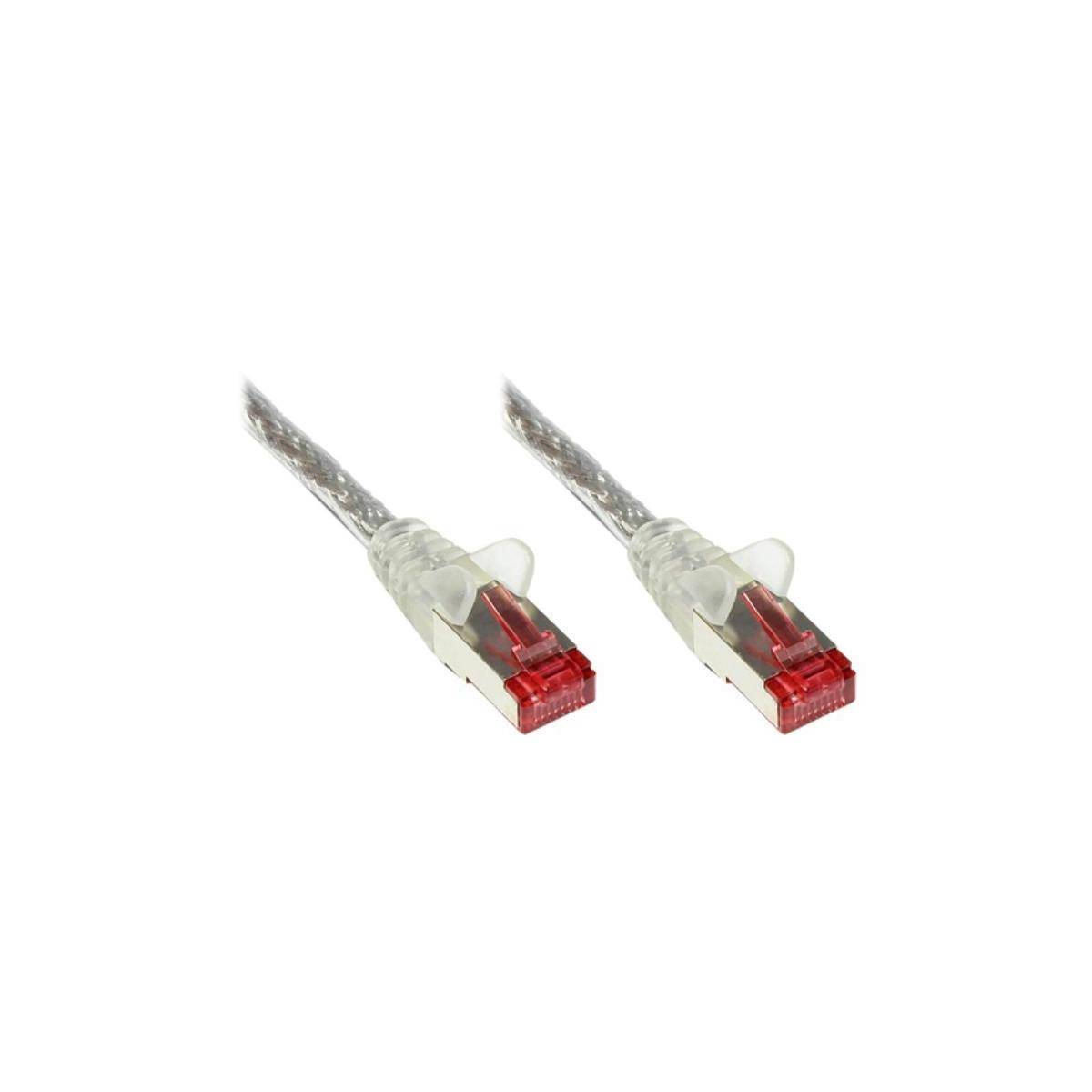 Zwei rote und silberne Ethernet-Kabel mit transparenter Abschirmung, die für Netzwerkverbindungen verwendet werden, auf einem weißen Hintergrund.