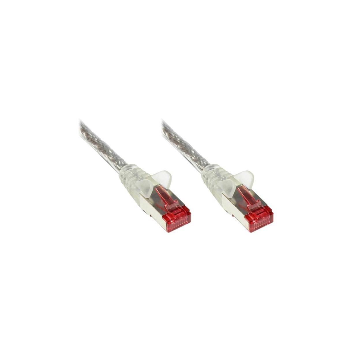 Ein Paar transparente Ethernet-Kabel mit roten Anschlüssen, verwendet für Netzwerkverbindungen, auf einem weißen Hintergrund.