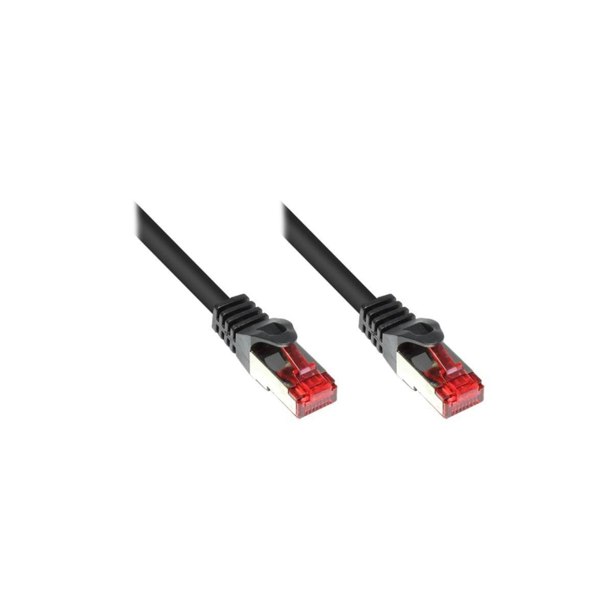 Zwei schwarze Ethernet-Kabel mit roten Anschlüssen, die sich vor einem weißen Hintergrund gegenüberliegen.