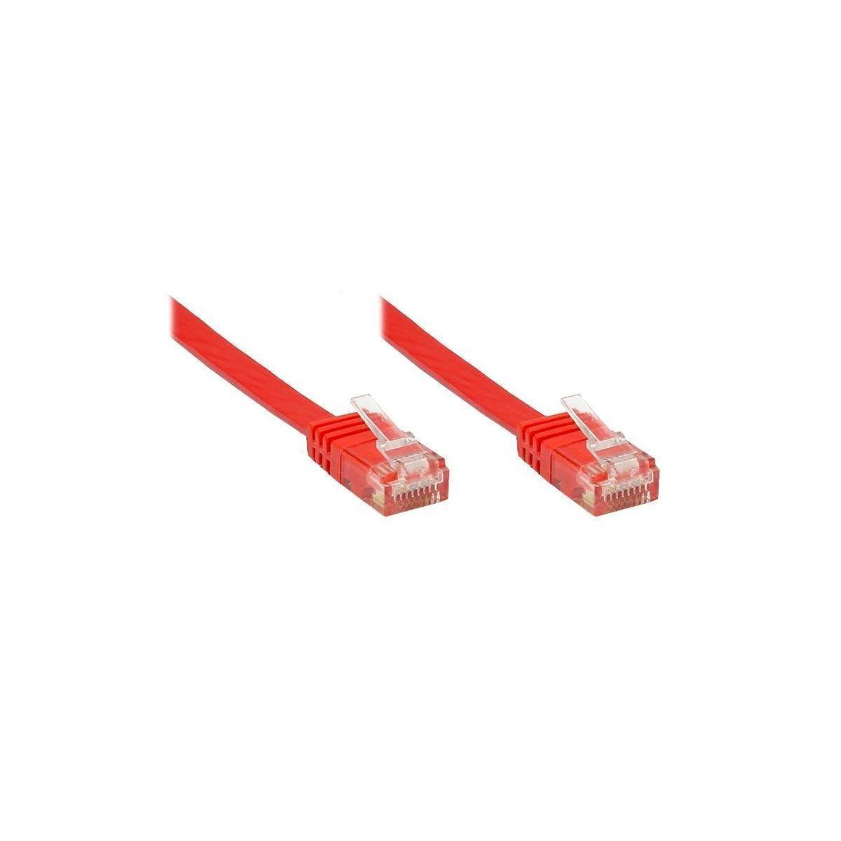 Zwei rote Ethernet-Kabel mit transparenten Steckern, verwendet für Netzwerkverbindungen.