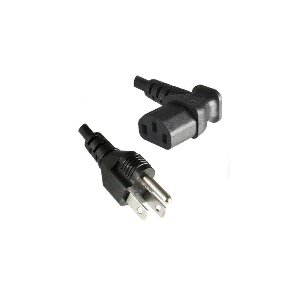 Zwei schwarze Netzstecker, einer mit einer Drei-Pin-Konstruktion und der andere mit einem rechteckigen Anschluss, gewinkelt und voneinander getrennt.