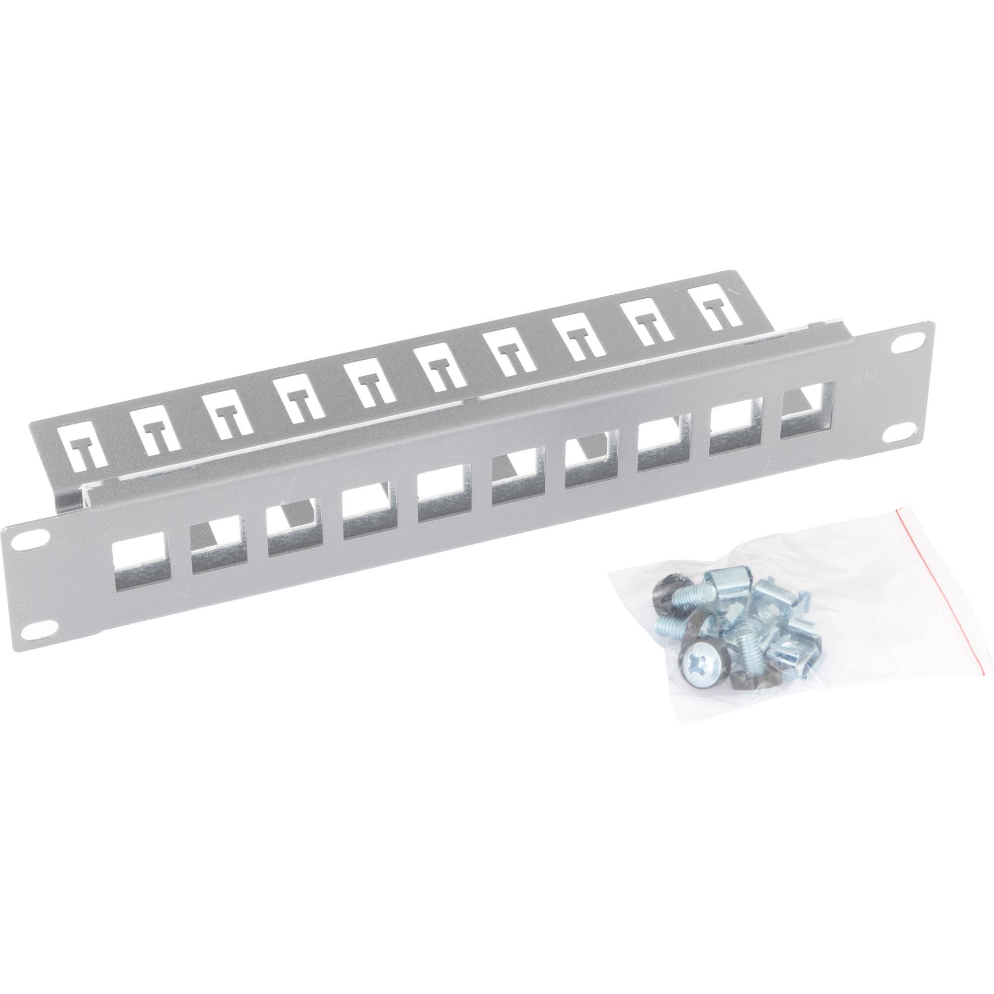 Metall-Patchpanel mit 12 Buchsen, nummeriert, und eine kleine Tasche mit Befestigungsschrauben