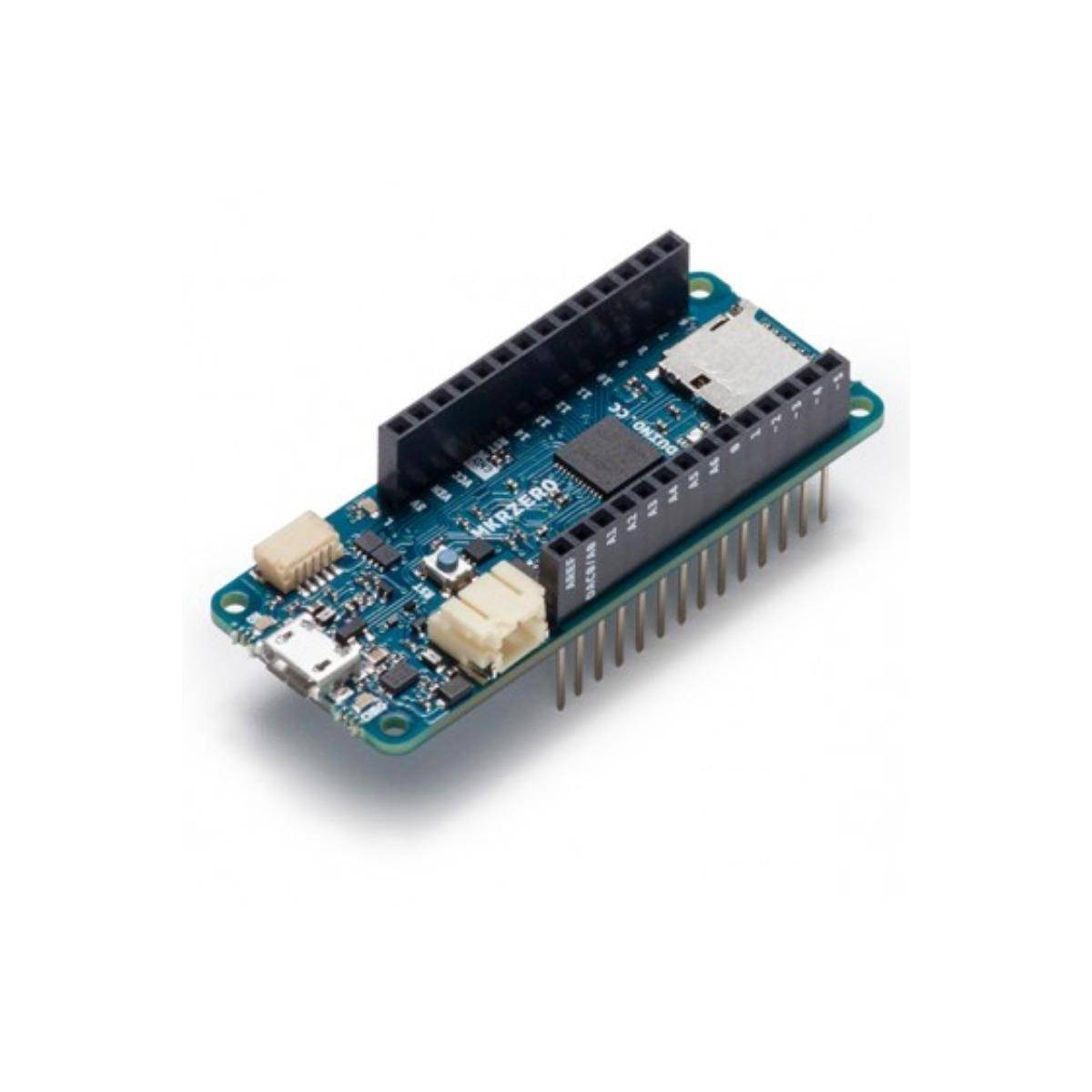 Eine blaue Mikrocontroller-Platine mit Komponenten, USB-Anschluss und Stiftanschlüssen. Sie enthält einen Mikrochip und eine Programmierungsschnittstelle.