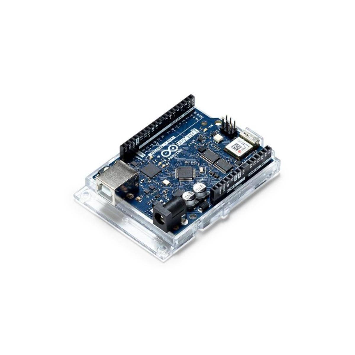 Eine Arduino-Mikrocontroller-Platine mit verschiedenen Komponenten und Anschlüssen, die für Elektronikprojekte und Programmierung verwendet wird.