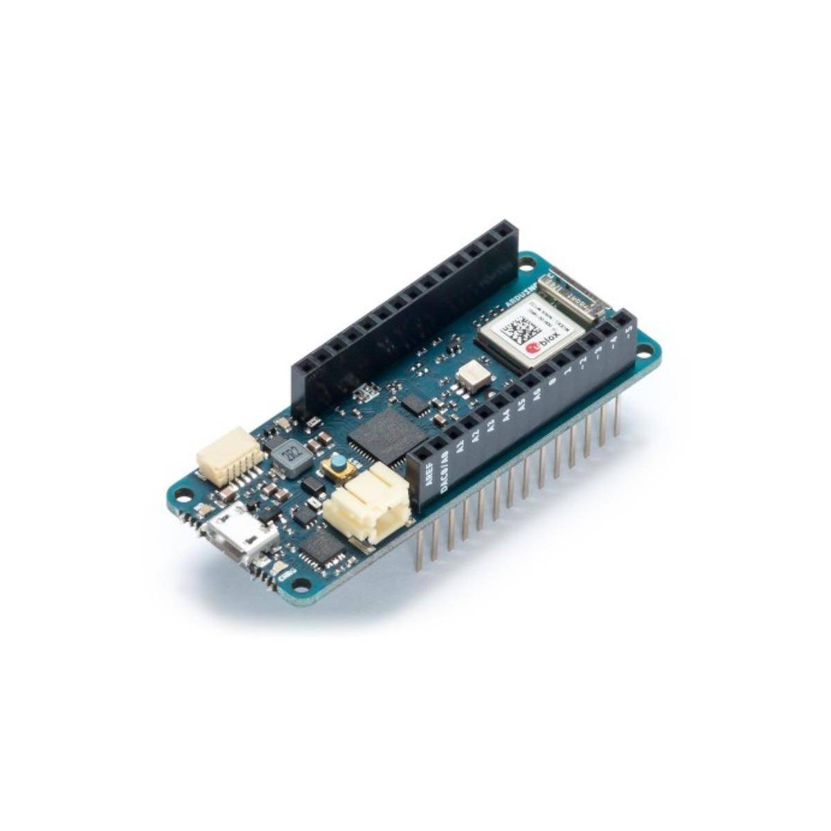 Eine kleine Leiterplatte mit verschiedenen elektronischen Komponenten, einschließlich Anschlüssen und Pins, die wahrscheinlich für Prototyping oder elektronische Projekte verwendet wird.
