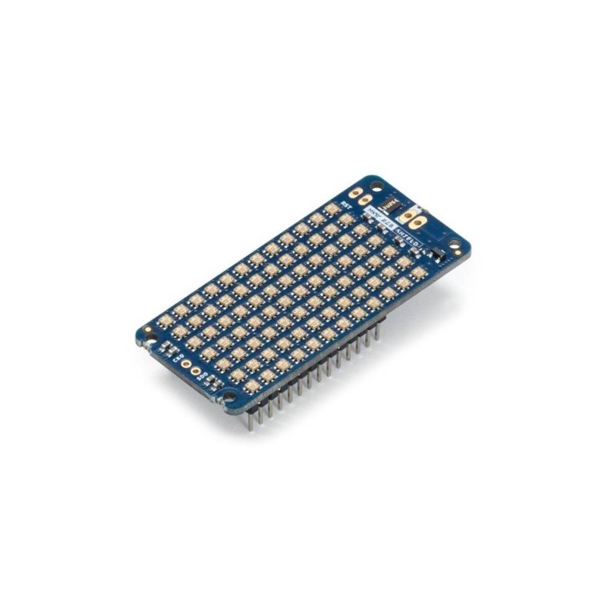 Eine blaue rechteckige LED-Matrix-Platine mit mehreren kleinen Lichtern in einem Rasteranordnung und Anschlüssen an der Seite.