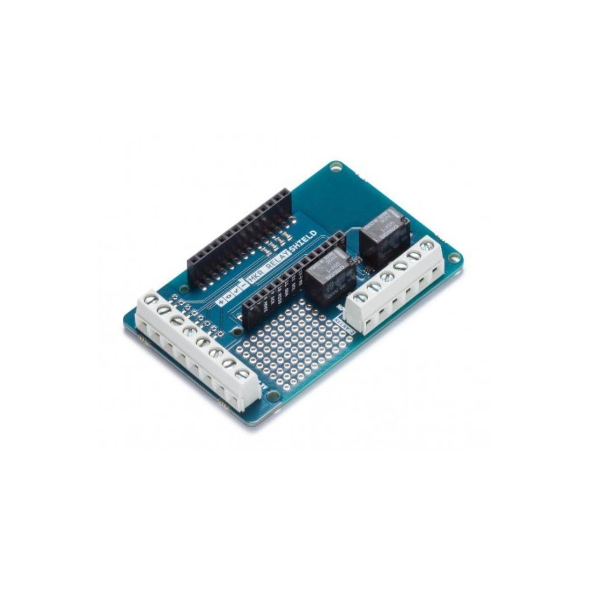 Blau-elektronische Leiterplatte mit mehreren Anschlüssen und Komponenten, mit dem Etikett 'Arduino Proto Shield', was auf prototypische Verwendung hinweist.