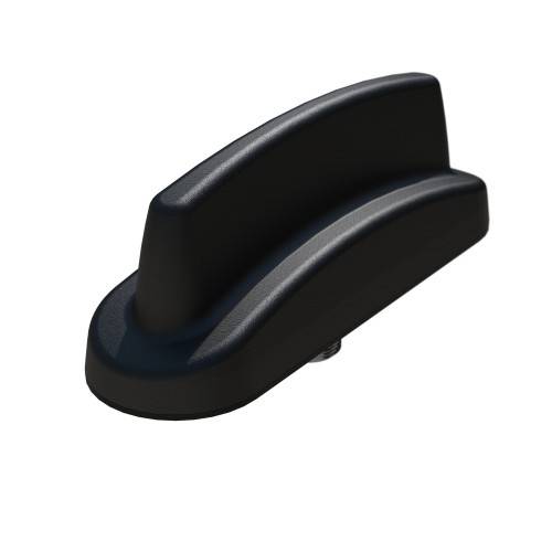 Schwarzer ergonomischer Hebel-Griff oder Schalterknopf auf weißem Hintergrund, in Seitenansicht dargestellt.