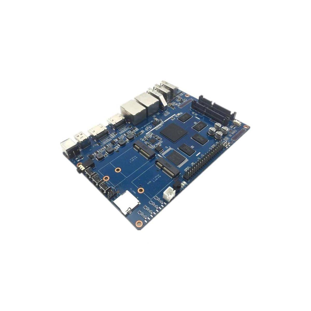 Eine blaue Leiterplatte mit verschiedenen elektronischen Komponenten, einschließlich Anschlüssen und Steckverbindern, die typischerweise in der Computertechnik oder bei elektronischen Projekten verwendet wird.