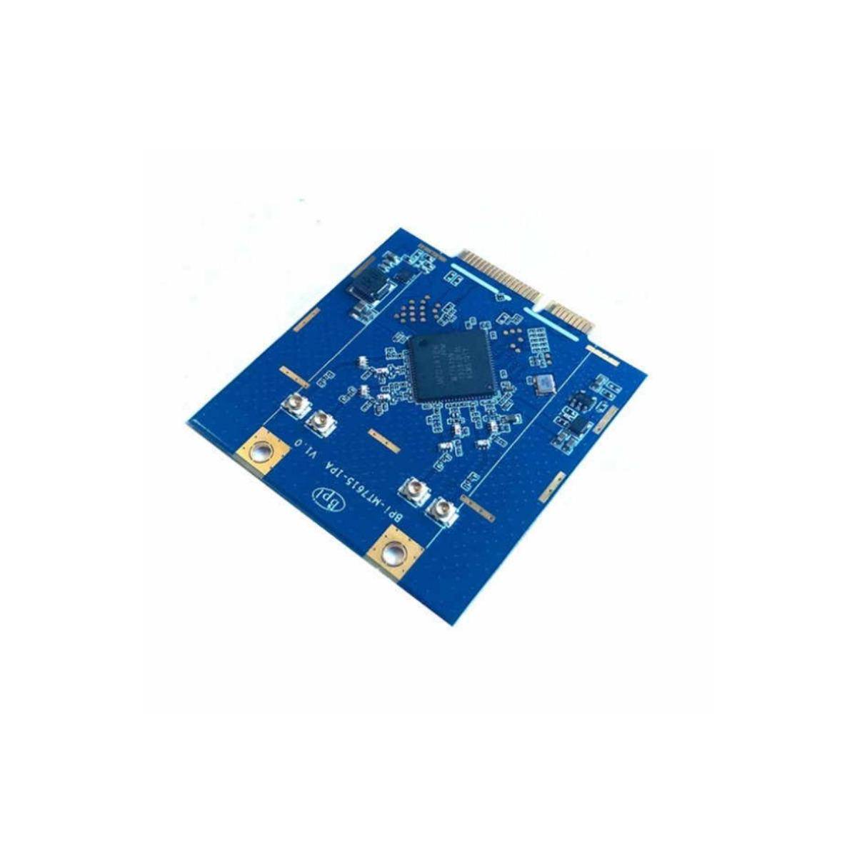 Eine blaue PCI Express Mini Card mit elektronischer Schaltung und Anschlüssen, wahrscheinlich für drahtlose Kommunikation oder Computerhard­ware-Anwendungen verwendet.