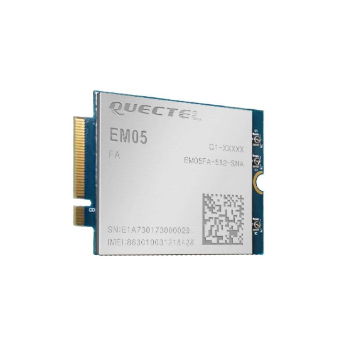 Quectel EM05' Modul mit Modellnummer EM05FA-512-SNNA, ein QR-Code ist unter einem Winkel zu sehen.